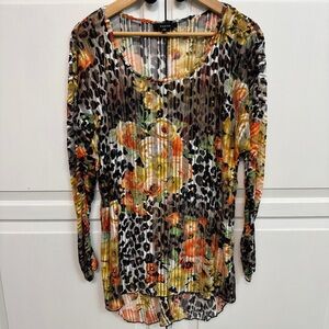 Kaktus Vibrant Floral Sheer and Leopard Long Sleeve Top. Size M.